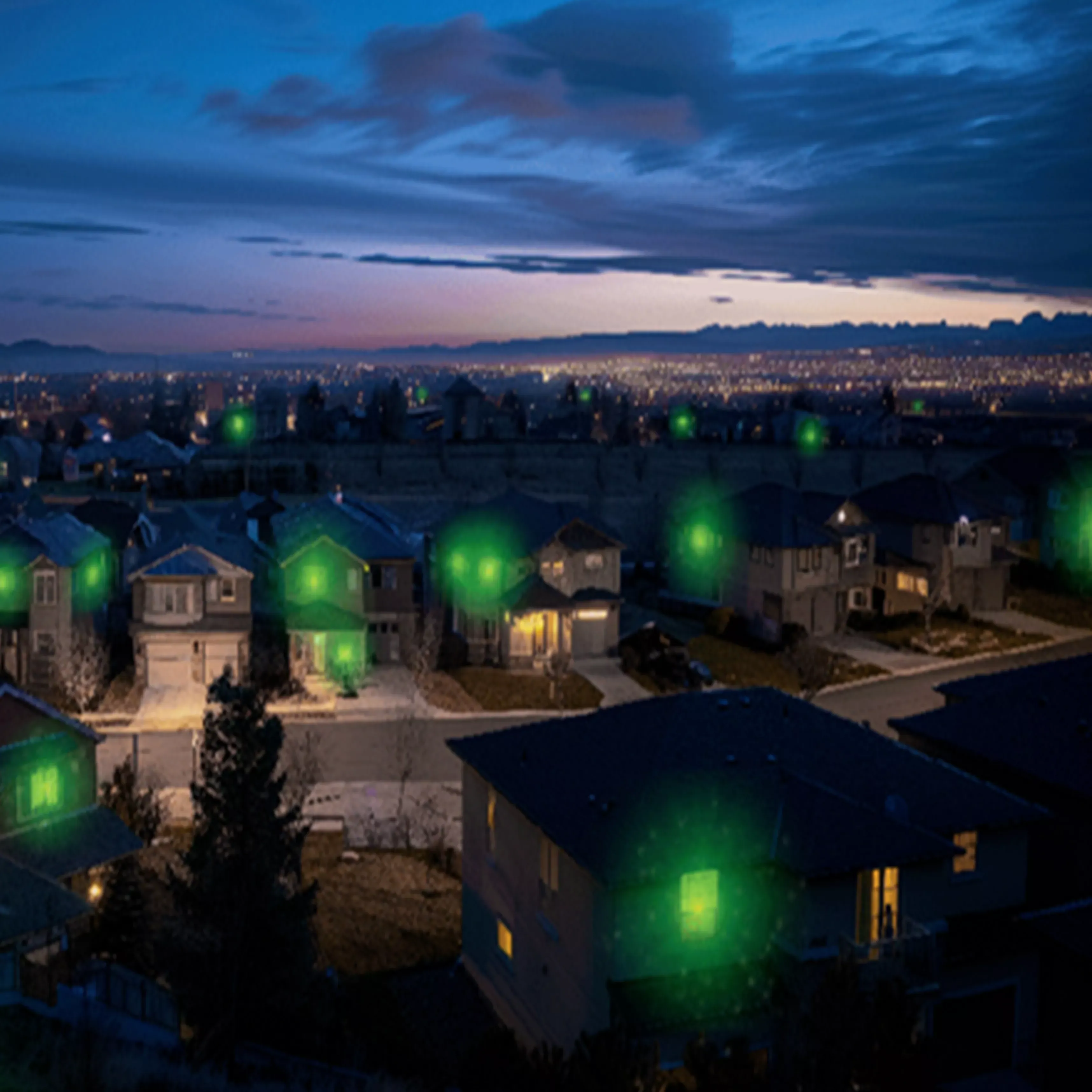 Fidium Fiber glowing from within houses in a city